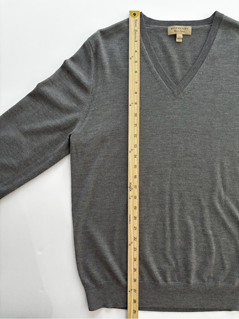 Burberry Men’s XL Charcol 100% Wool V-Neck Sweater Nova Check Elbow Patch - Picture 6 of 8